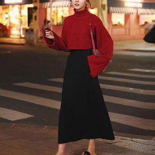 Turtleneck Cropped Sweater / A-line Midi Knit Skirt / Set