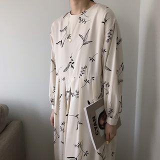 Long-sleeve Leaf Print Midi Chiffon Dress