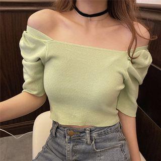 Plain Off-shoulder Cropped Knit Top
