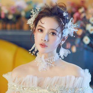 Set: Wedding Branches Headpiece + Choker + Fringed Earring Set Of 4 - Headpiece & Choker & 1 Pair - Clip On Earring - White - One Size