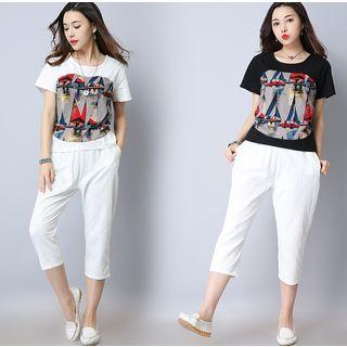 Set: Sailboat Print Short Sleeve T-shirt + Cropped Pants