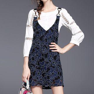 Set: 3/4-sleeve Top + Floral Pinafore Dress
