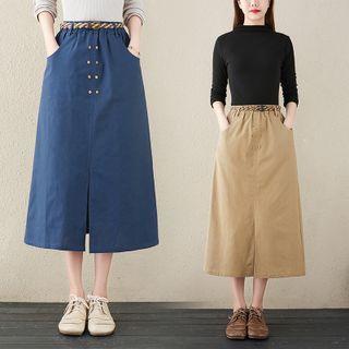 Band-waist Plain Midi A-line Skirt With Belt