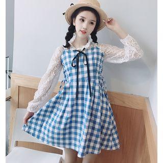 Set: Long-sleeve Lace Blouse + Check Jumper Dress
