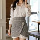 Set: Long-sleeve Shirt + Checker A-line Mini Skirt