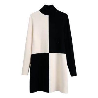 Two-tone Mock Neck Long Sleeve Mini Dress