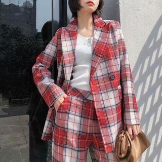 Double-breasted Plaid Blazer / Straight Leg Pants