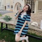 Short-sleeve Lace Trim Striped Mini Polo Shirt Dress