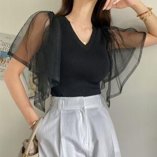 Chiffon-sleeve Knit Top Black - One Size