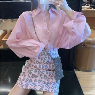 Puff-sleeve Shirt / Leopard Print Mini Skirt