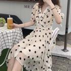 Dotted V-neck Puff-sleeve Dress As Shown In Figure - One Size