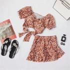 Set: Short-sleeve Floral Swim Top + Skirt