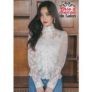 Mandarin-collar Flower-embroidered Tulle Blouse