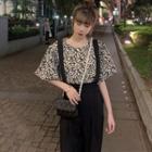 Puff-sleeve Floral Blouse / Cuffed Jumper Pants