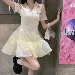 Short-sleeve Collar Mesh Panel Mini A-line Dress