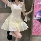 Short-sleeve Collar Mesh Panel Mini A-line Dress