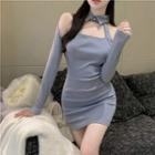 Long-sleeve Cold Shoulder Collared Mini Bodycon Dress Airy Blue - One Size