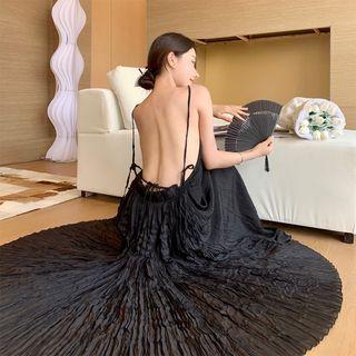 Spaghetti Strap Open-back Shirred Midi A-line Dress