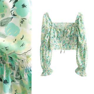 Floral Print Long Sleeve Crop Blouse