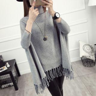 Dolman-sleeved Turtleneck Fringed Knit Shawl