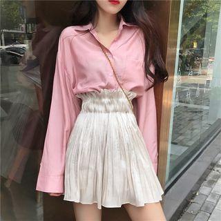 Long Sleeve Plain Shirt / Pleated A-line Skirt