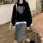 Leopard Print Heart Sweatshirt / Midi Pencil Skirt