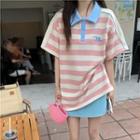 Short-sleeve Striped Polo Shirt Stripes - Pink & White - One Size