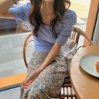 Short-sleeve Plain Square-neck Top / Floral Midi Skirt