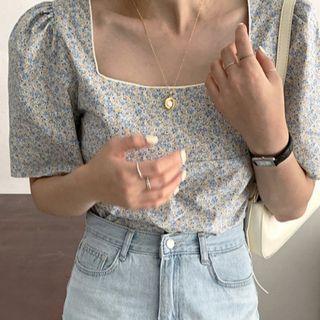 Short-sleeve Floral Print Blouse Blue & Yellow - One Size
