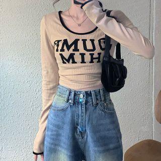Contrast Trim Lettering Cropped T-shirt