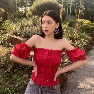 Lace-up Shirred Off-shoulder Short-sleeve Top