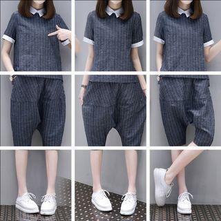 Set: Pinstriped Short-sleeve Top + Harem Shorts