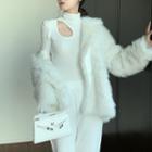 Long-sleeve Mock-neck Cutout Top / Straight Leg Pants / Fluffy Jacket