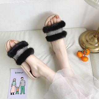 Furry Rhinestone Strap Slide Sandals