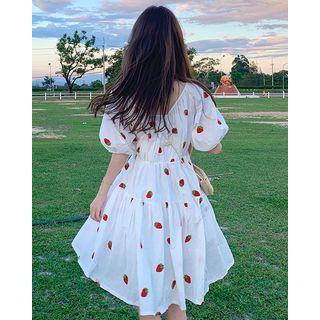 Strawberry-print A-line Dress With Slipdress White - One Size