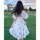 Strawberry-print A-line Dress With Slipdress White - One Size