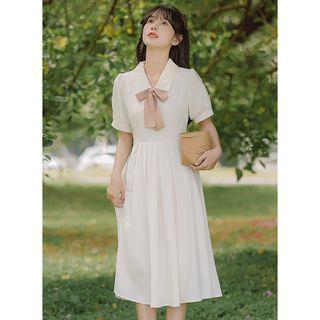 Short-sleeve Bow Pleated Midi Shirt Dress