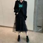 Loose-fit Printed Hooded Top / Mesh A-line Skirt