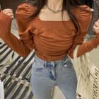Puff-sleeve Square-neck Knit Sweater