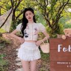 Short-sleeve Bear Print Button-up Knit Crop Top / Tiered Mini Skirt