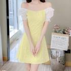 Short-sleeve Square-neck Sheer Panel A-line Dress