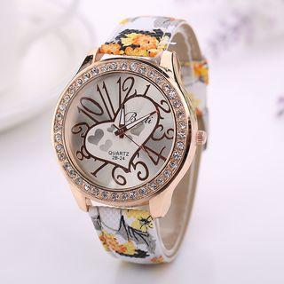 Rhinestone Heart Floral Print Strap Watch