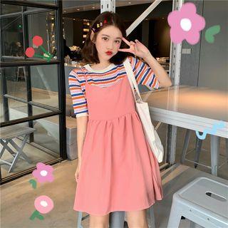 Short-sleeve Striped Knit Top / Mini Pinafore Dress