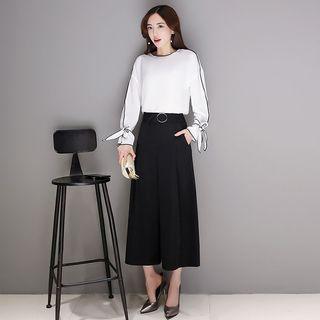 Set: Contrast Trim Blouse + Wide Leg Pants