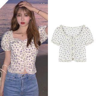 Short-sleeve Frill Trim Floral Top