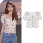 Short-sleeve Frill Trim Floral Top