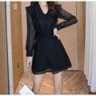 Long-sleeve V-neck Ruffled Trim Chiffon Mini Dress