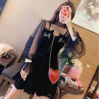 Embroidered Strappy A-line Dress / Sheer Top / Set