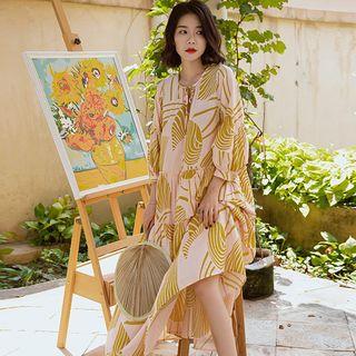 3/4-sleeve Leaf Print Midi A-line Dress