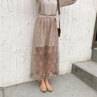 Set: Floral Print 3/4-sleeve T-shirt Dress + Lace Maxi Skirt